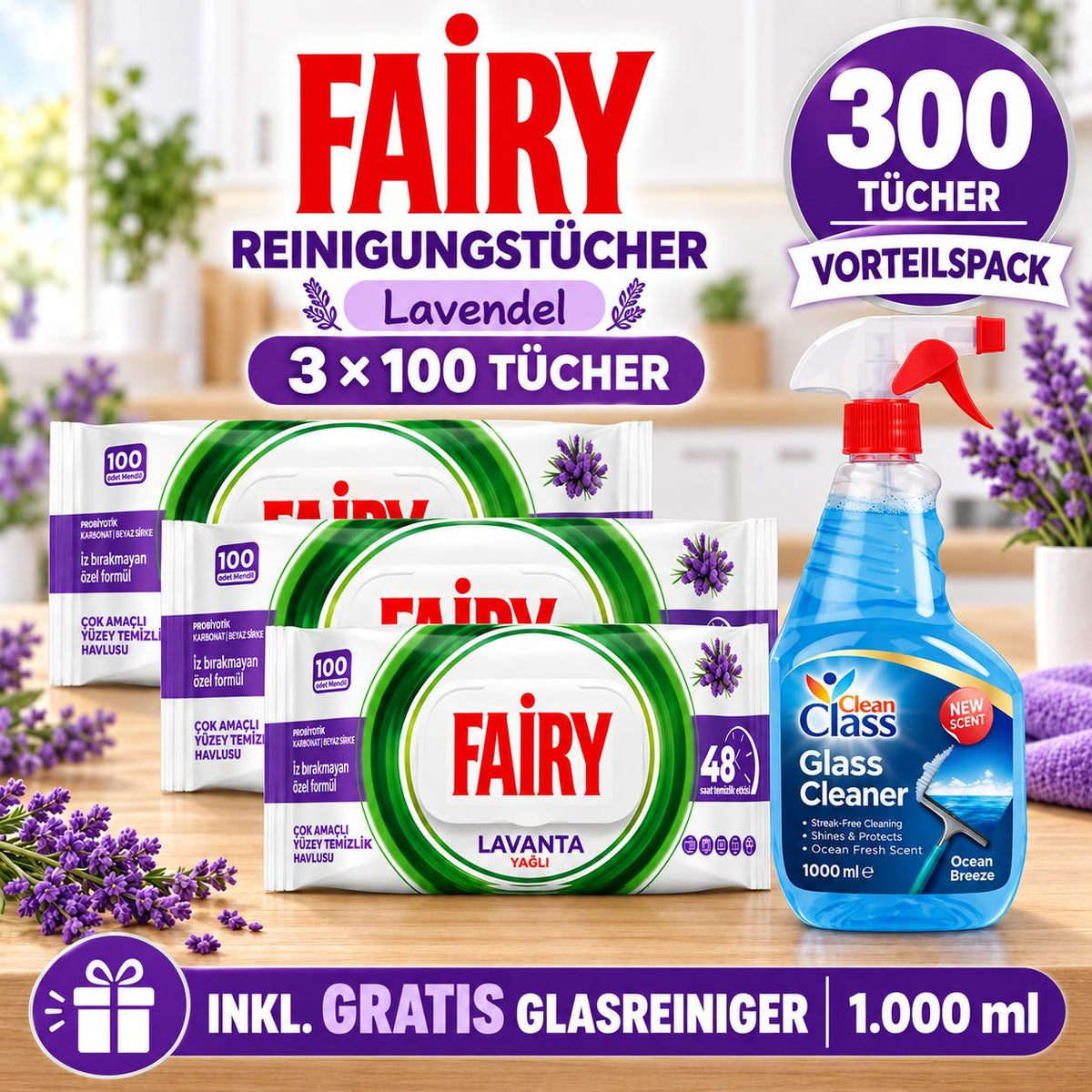 FAIRY Oberflächen-Reinigungstücher Lavendel – 3er Set, 3 x 100 Tücher + 1 Gratis-Glasreiniger