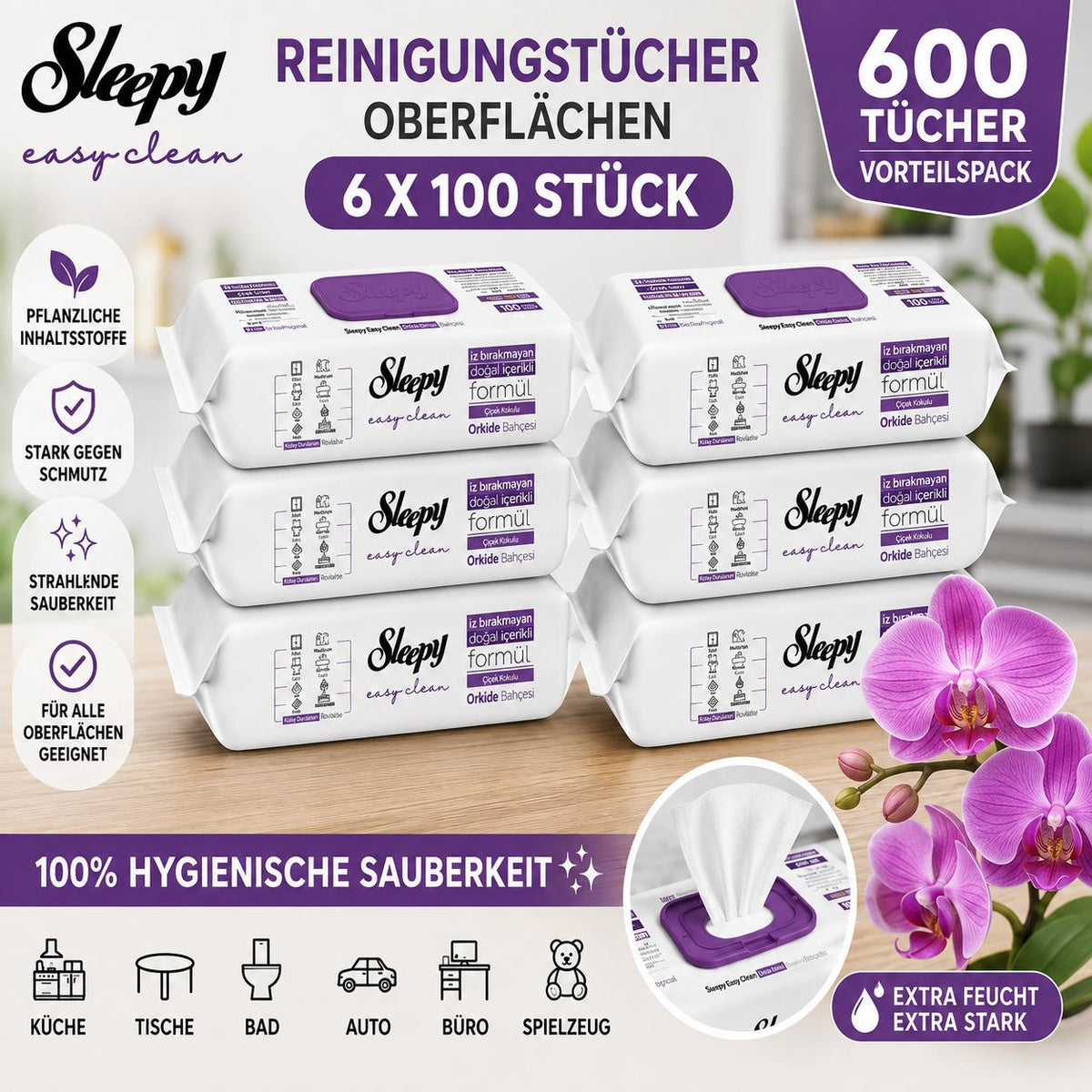 Sleepy Easy Clean Oberflächenreinigungstücher Orchid Garden 6x100