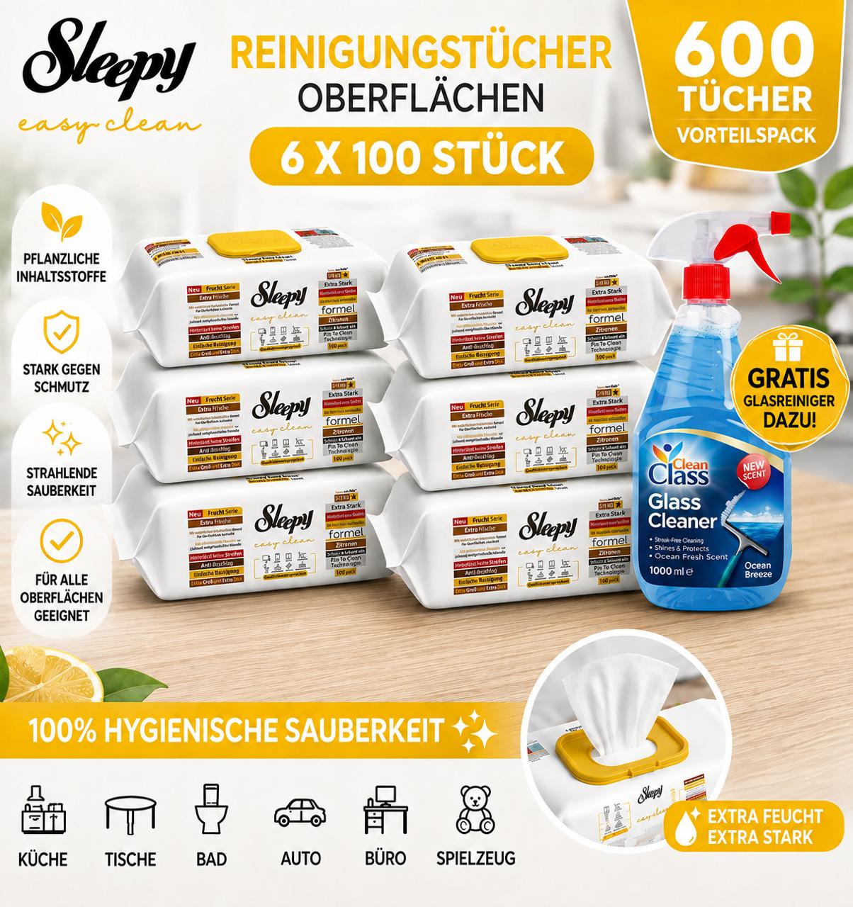 Sleepy Easy Clean Zitrone / Lemon 6er Set + 1x Glasreiniger GRATIS – Reinigungstücher