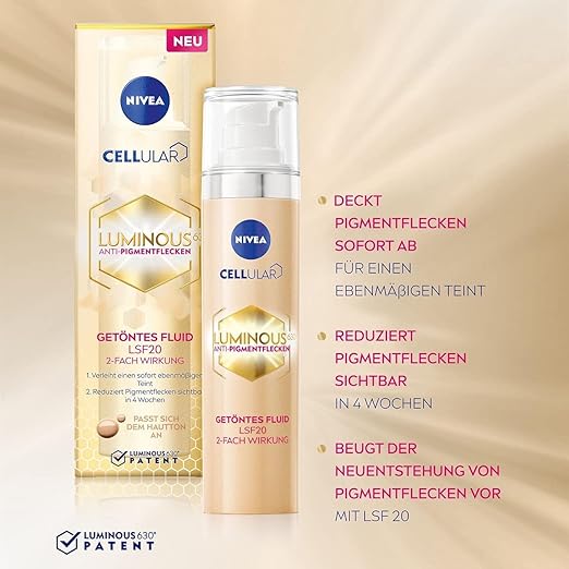 NIVEA Cellular Luminous 630 Anti-Pigmentflecken Getöntes Fluid LSF20 (40 ml), Gesichtspflege gegen Pigmentflecken und Altersflecken, feuchtigkeitsspendendes Fluid mit Hyaluron