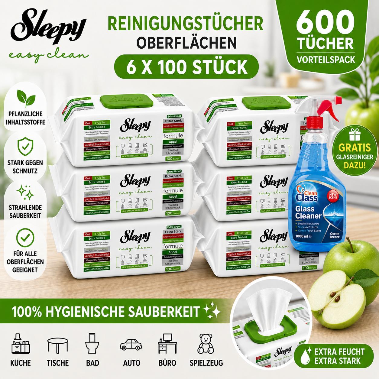 Sleepy Easy Clean Apfel / Apple 6er Set + 1x Glasreiniger GRATIS – Reinigungstücher