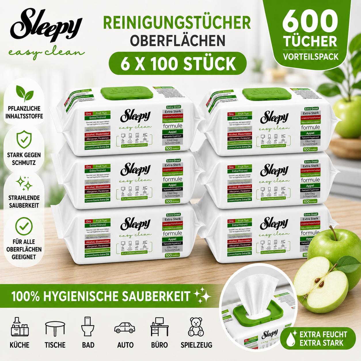 Sleepy Easy Clean Apfel / Apple 6er Set – Oberflächenreinigungstücher – 600 Tücher