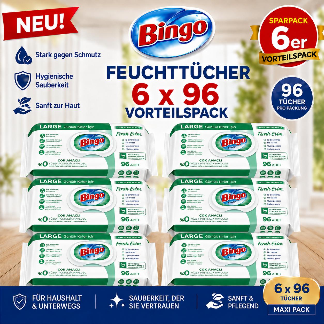Bingo Feuchttücher Grün 6x96 Blatt – Frische Brise – Mehrzweck Reinigungstücher Vorteilspack