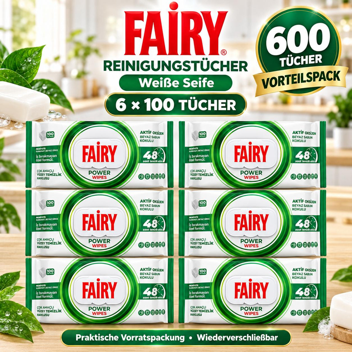 FAIRY Oberflächen-Reinigungstücher Power – 6er Set, 6 x 100 Tücher