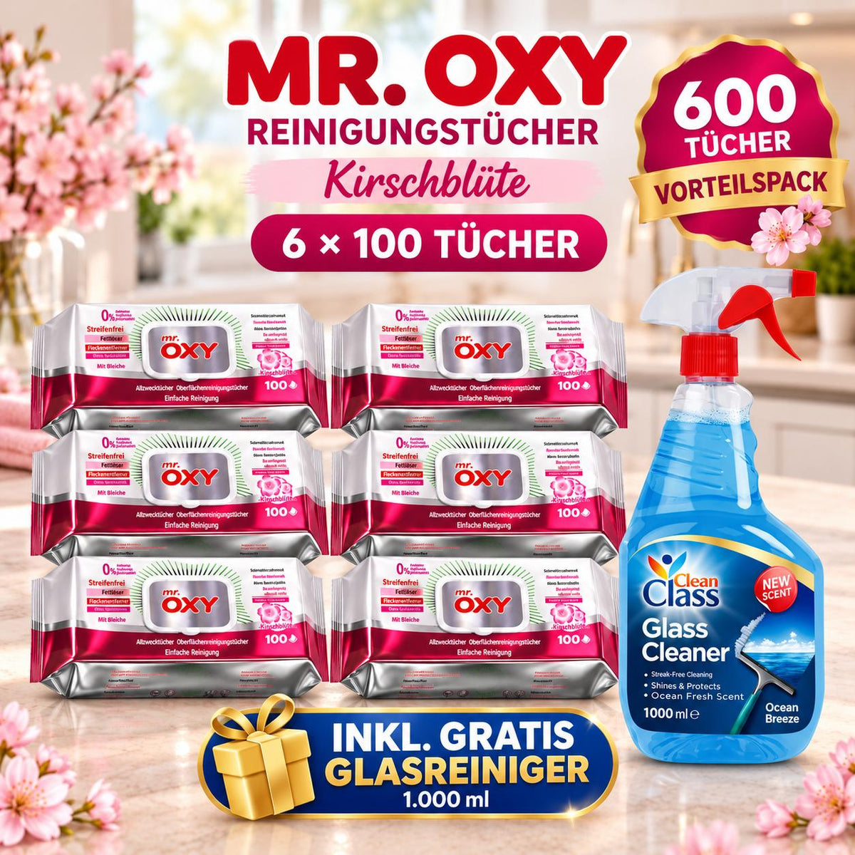 Mr Oxy Oberflächen-Reinigungstücher Kirschblüte – 6er Set, 6 x 100 Tücher + 1 Gratis-Glasreiniger