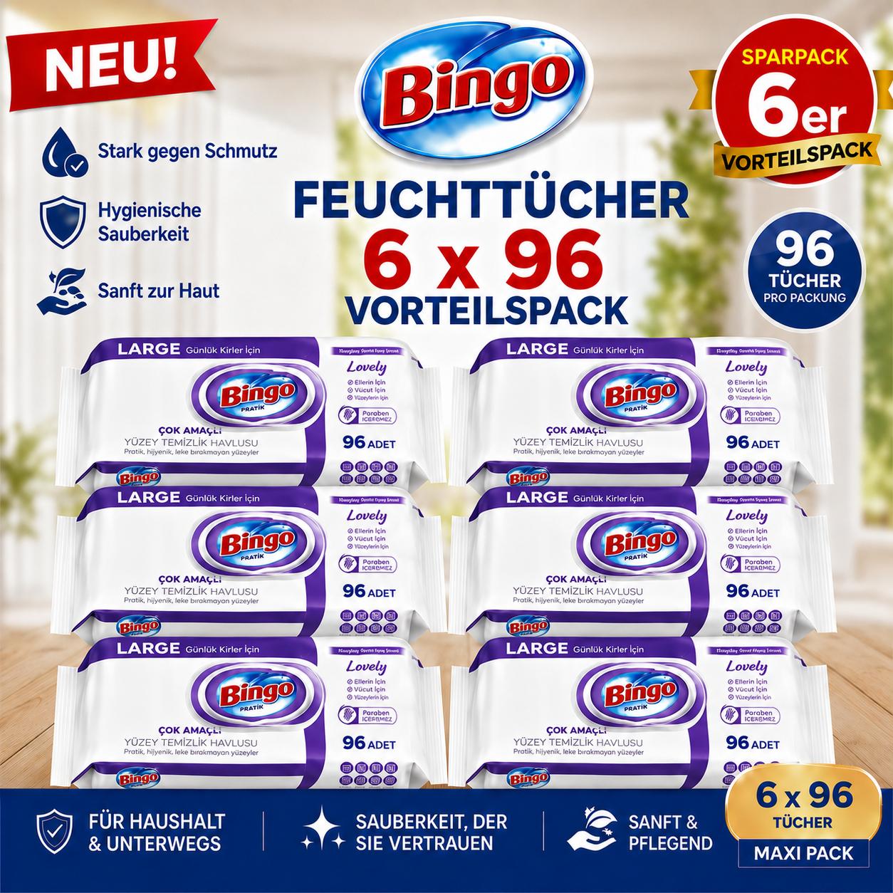 Bingo Feuchttücher Lavendel 6x96 Blatt – Vorteilspack