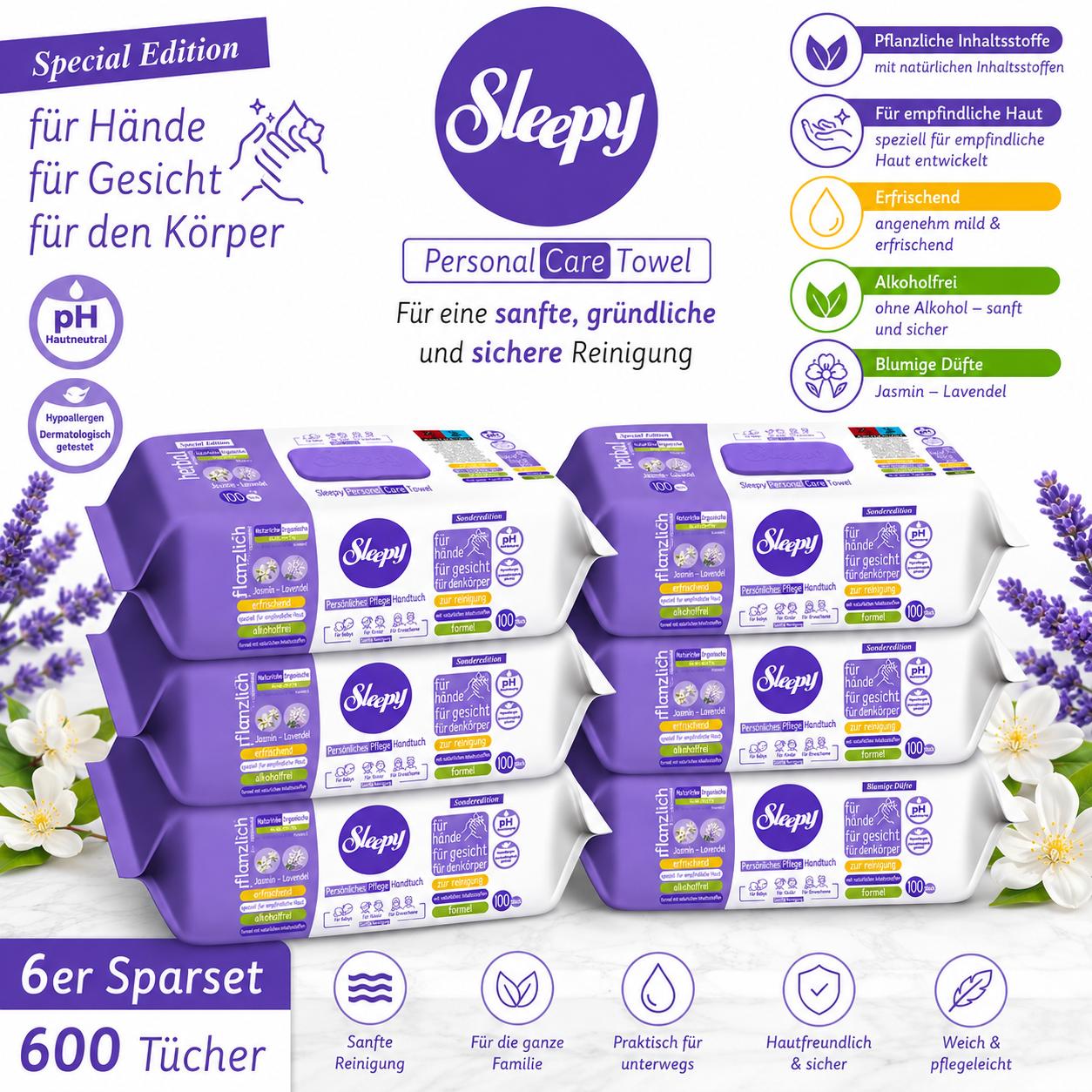 Sleepy Easy Clean Sensitive Feuchttücher Jasmin - Lavendel 6x100 Tücher – für Babys, Kinder & Erwachsene – alkoholfrei, pH-hautneutral, hypoallergen, sanfte Reinigung für Hände, Gesicht & Körper