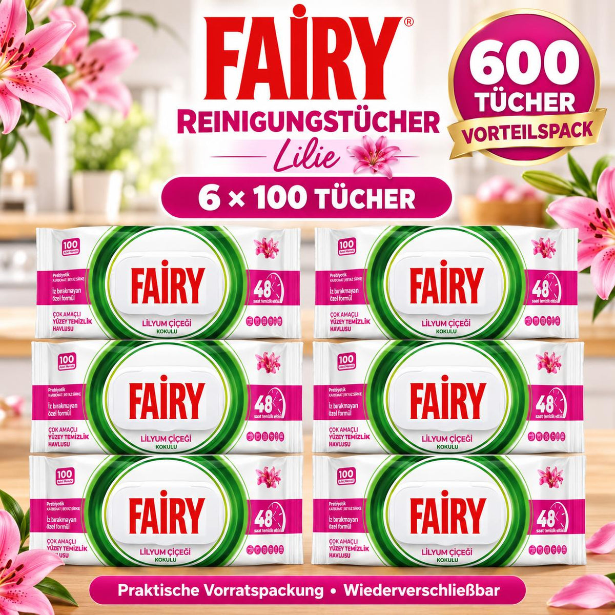 FAIRY Oberflächen-Reinigungstücher Lilie – 6er Set, 6 x 100 Tücher