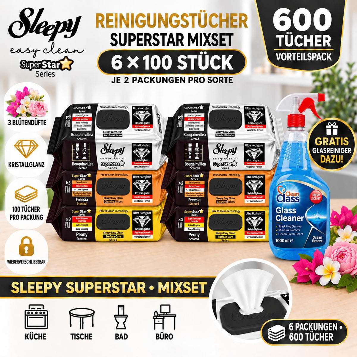 Sleepy SuperStar 6er Mix + Glasreiniger GRATIS – Pfingstrose, Bougainvillea & Freesia – 6×100 Tücher