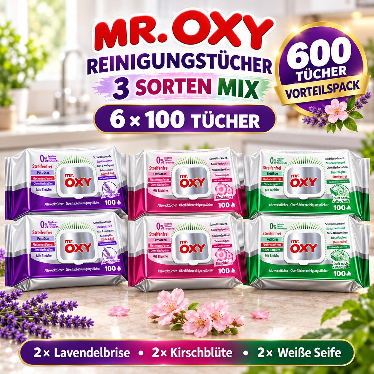 Mr Oxy Oberflächen-Reinigungstücher alle 3 Sorten – 6er Mixset, 6 x 100 Tücher