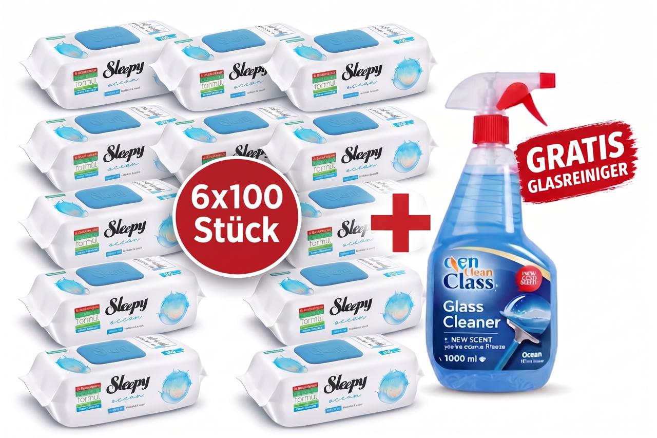 Sleepy Easy Clean Oberflächenreinigungstücher – 6x100 Ocean + Glasreiniger GRATIS