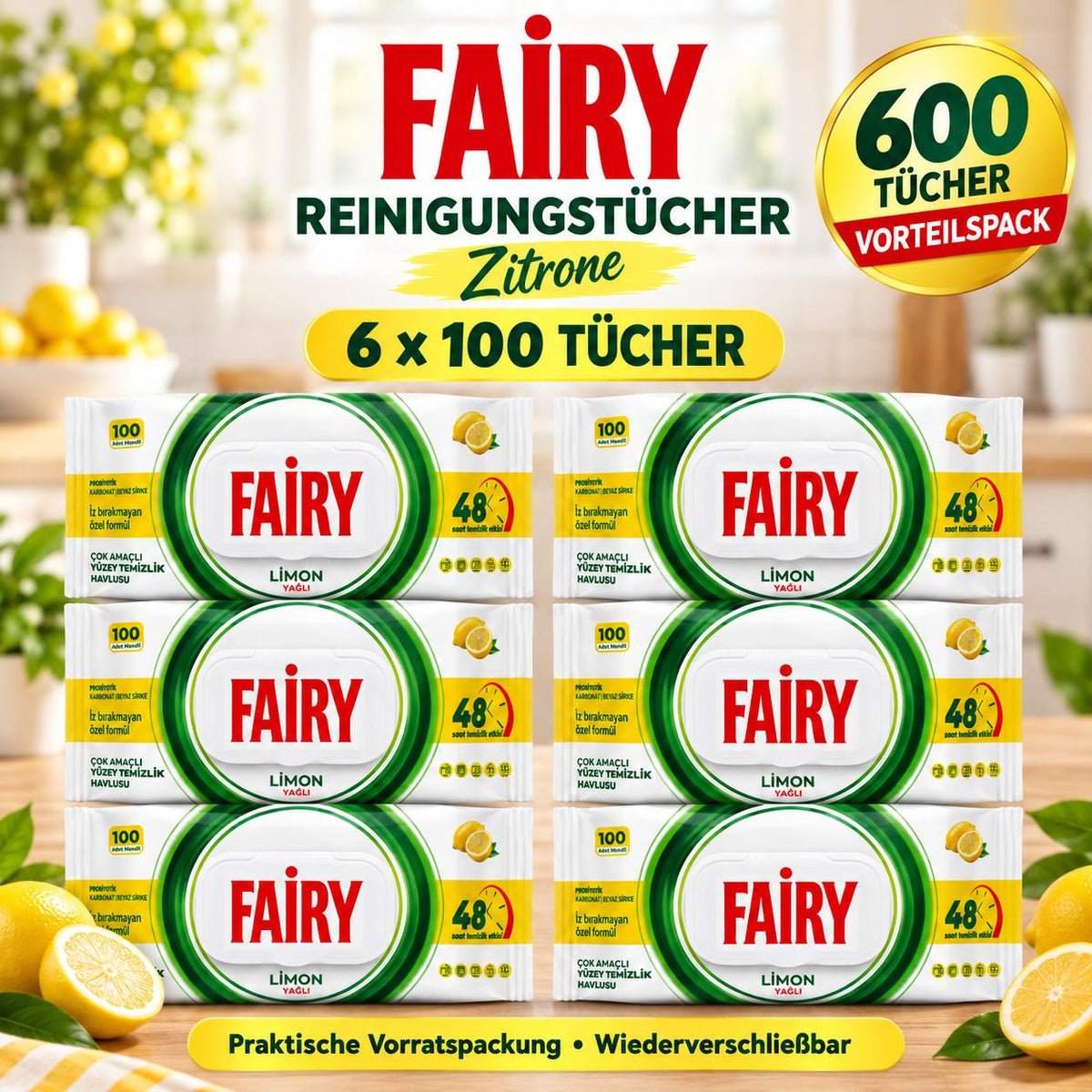 FAIRY Oberflächen-Reinigungstücher Zitrone – 6er Set, 6 x 100 Tücher