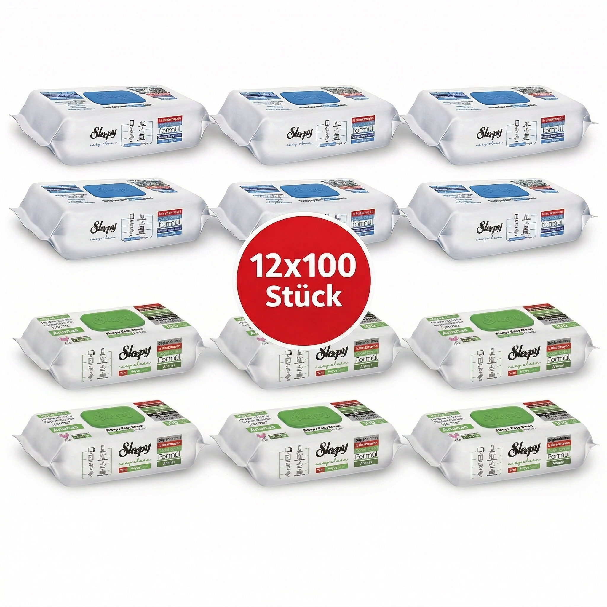 Sleepy Easy Clean Oberflächenreinigungstücher – 6x100 Anannas + 6x100 Blau | Fliesenreinigung