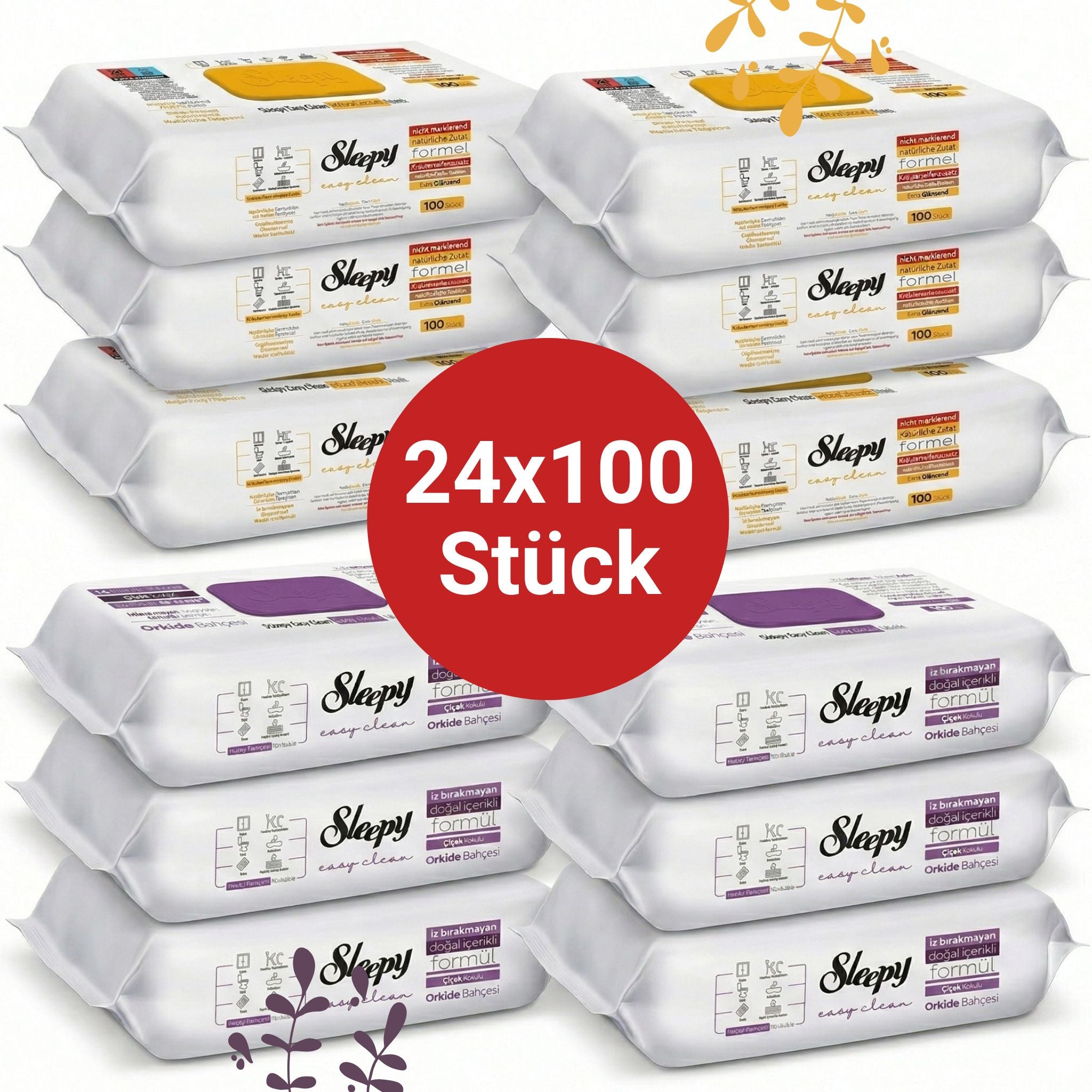 Sleepy Easy Clean Oberflächenreinigungstücher – 12x100 Gelb + 12x100 Orchidee | Schnelle Hausarbeit