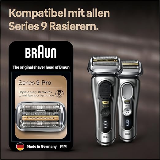 Braun Series 9 Pro Elektrorasierer Scherkopf, Ersatzscherteil vom Hersteller passend für Braun Herren Rasierer Series 9 Pro, 94M, chrom, 1er Pack