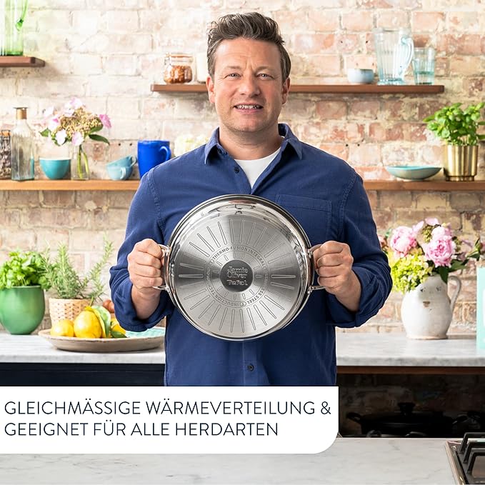 Tefal Jamie Oliver Cooks Classic Servierpfanne 30 cm, Schmorpfanne Induktion mit Antihaftversiegelung, Thermo-Signal bei idealer Brattemperatur, für alle Herdarten geeignet, Edelstahl, E30690