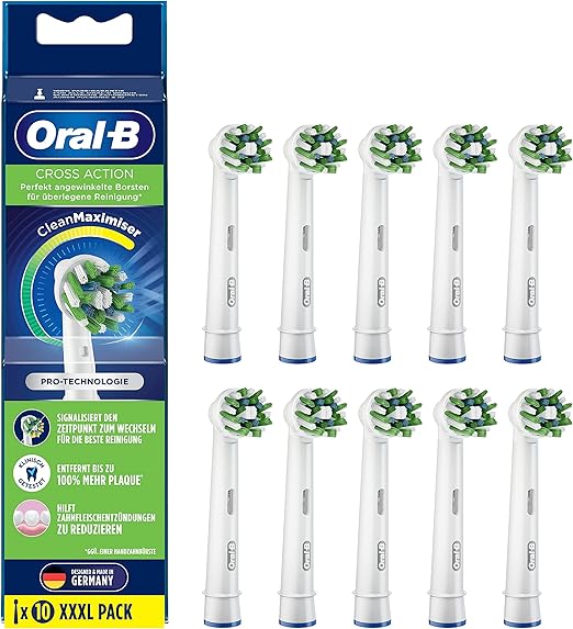 Oral-B CrossAction Aufsteckbürsten für elektrische Zahnbürste, 10 Stück, ganzheitliche Mundreinigung mit CleanMaximiser-Borsten, Zahnbürstenaufsatz für Oral-B Zahnbürsten