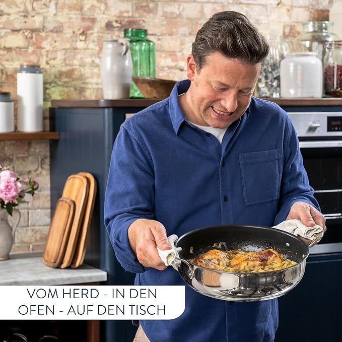 Tefal Jamie Oliver Cooks Classic Servierpfanne 30 cm, Schmorpfanne Induktion mit Antihaftversiegelung, Thermo-Signal bei idealer Brattemperatur, für alle Herdarten geeignet, Edelstahl, E30690