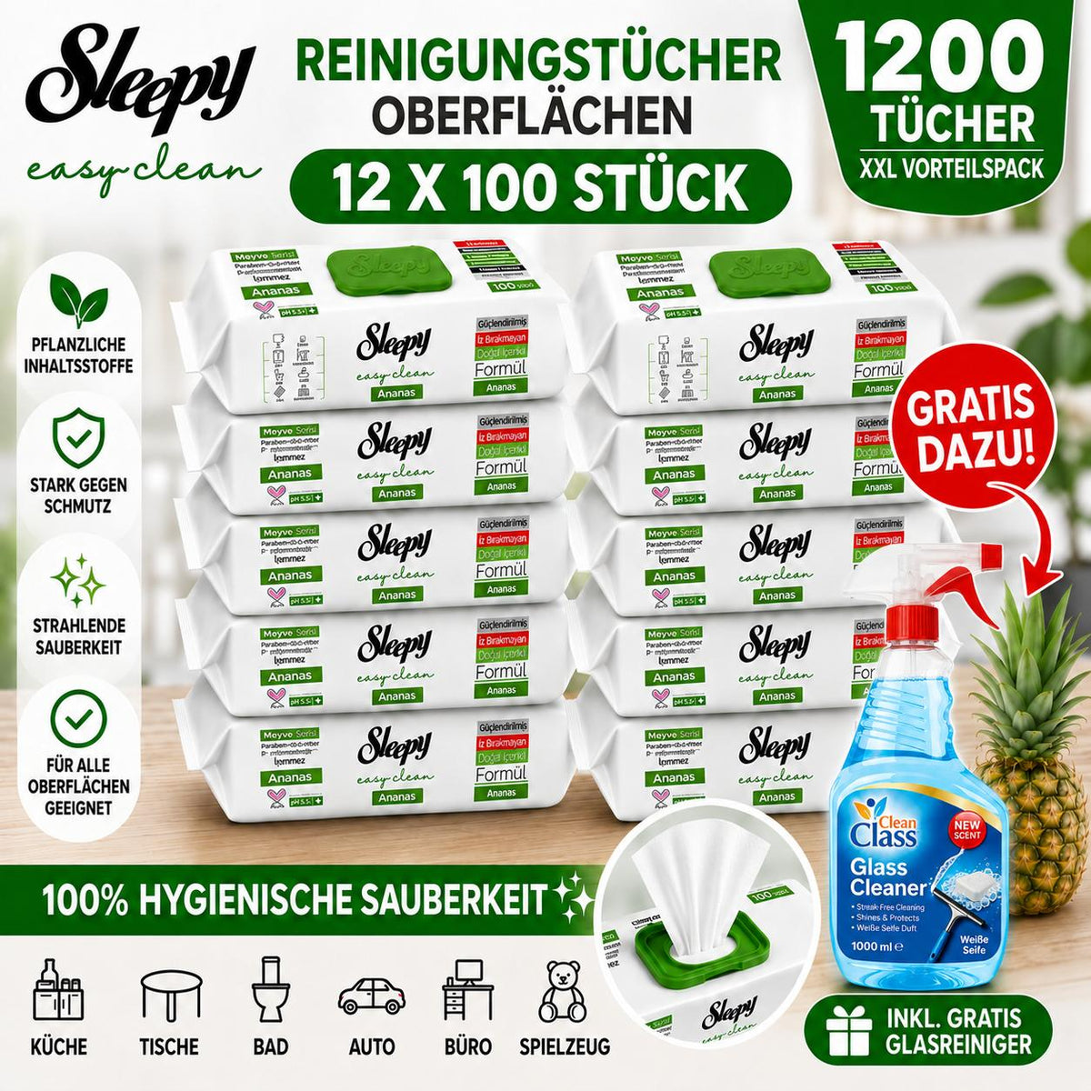 Sleepy Easy Clean Oberflächenreinigungstücher – 12x100 Anannas + Glasreiniger GRATIS