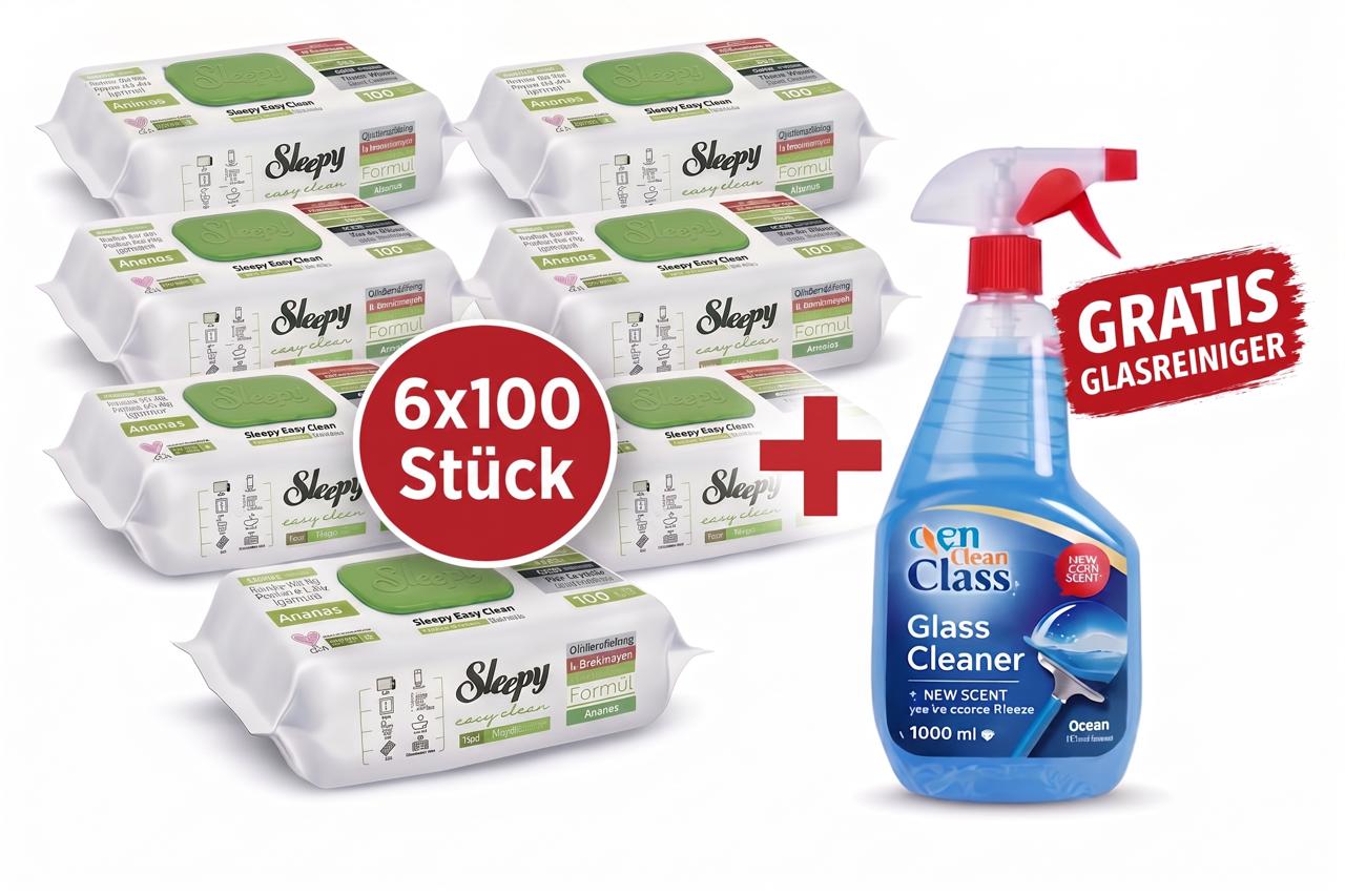 Sleepy Easy Clean Oberflächenreinigungstücher – 6x100 Anannas + Glasreiniger GRATIS