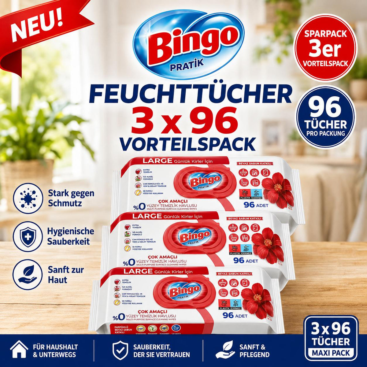 Bingo 3x96 Blatt – Mehrzweck Reinigungstücher – Große Oberfläche