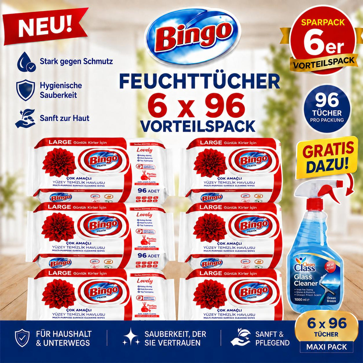 Bingo Reinigungstücher 6x96 Blatt + Reiniger