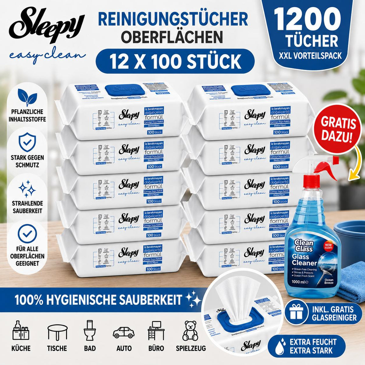 Sleepy Easy Clean Oberflächenreinigungstücher – 12x100 Blau + Glasreiniger GRATIS