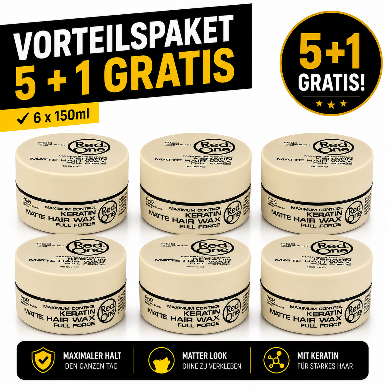 Red One Keratin Matte Hair Wax 6er Pack – 6 Stück je 150ml mattes Haarwachs Vorratspack für starken Halt, Struktur, Barber Style, Herren Frisur, kurze Haare, Friseurbedarf, Männer Styling & Alltag