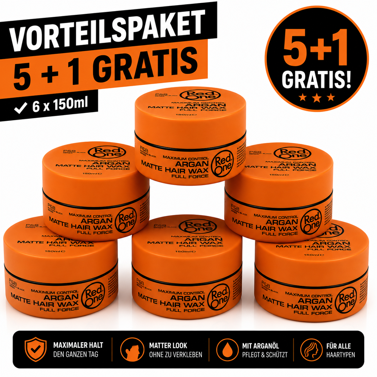 Red One Argan Matte Hair Wax 6er Pack – 6 Stück je 150ml mattes Haarwachs Vorratspack für starken Halt, Struktur, Barber Style, Herren Frisur, kurze Haare, Friseurbedarf, Männer Styling & Alltag