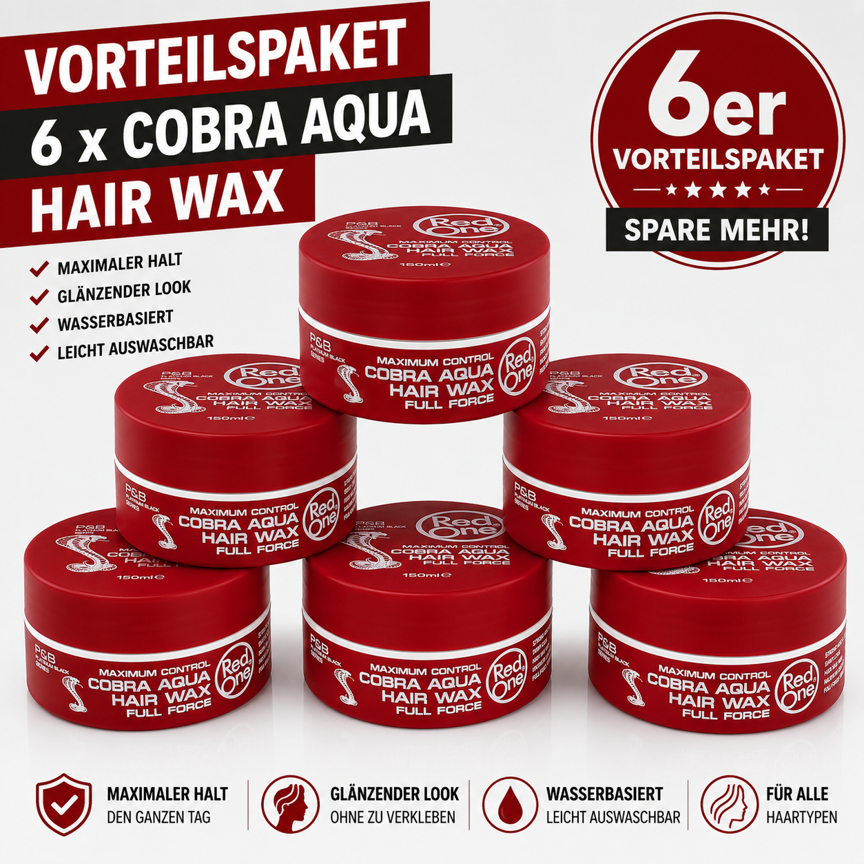 Red One Cobra Aqua Hair Wax 6er Pack – 6 Stück je 150ml Aqua Hair Gel Wax Vorratspack für starken Halt, Wet Look, Glanz, Barber Style, Herren Frisur, kurze Haare, Friseurbedarf & Alltag