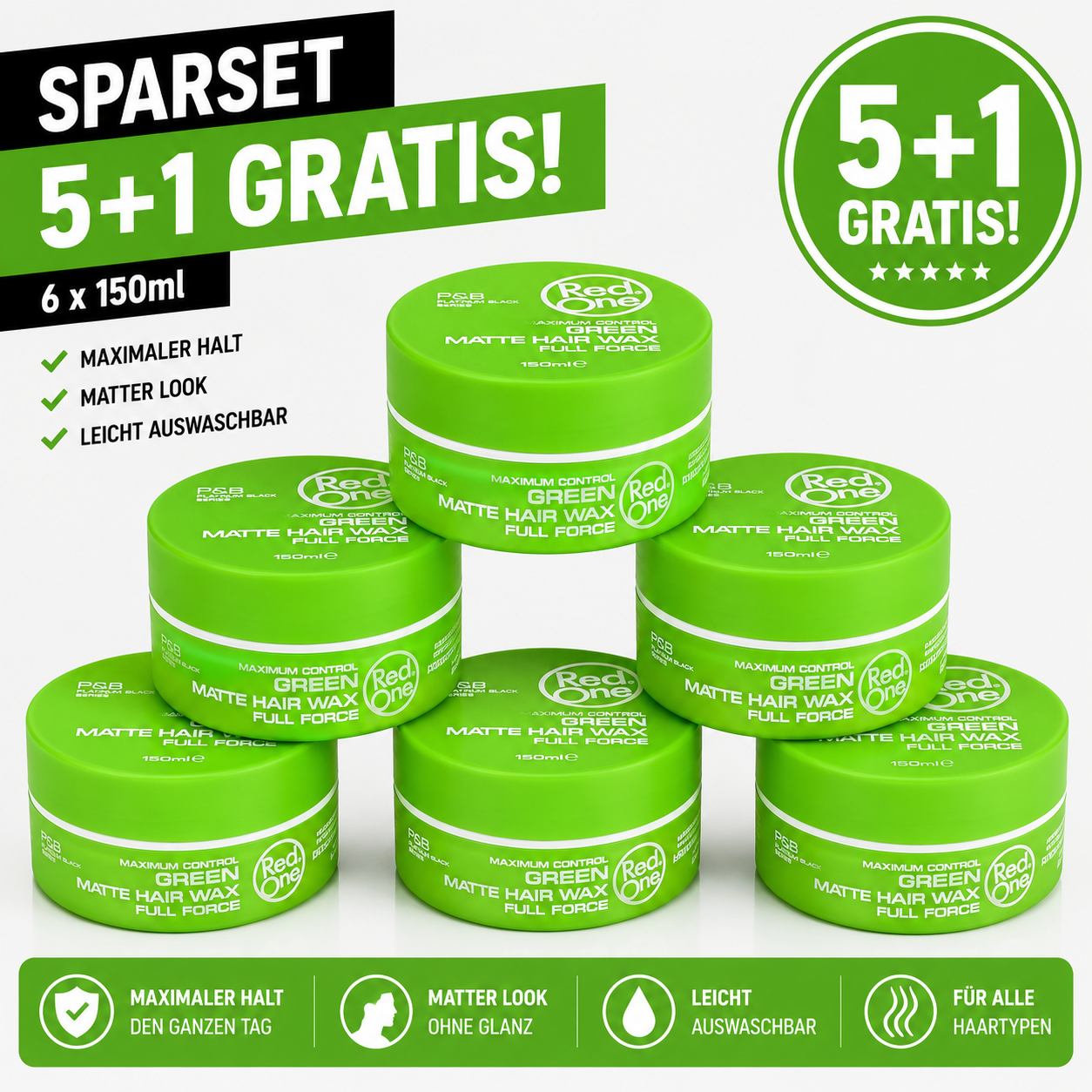 Red One Green Matte Hair Wax 6er Pack – 6 Stück je 150ml mattes Haarwachs Vorratspack für starken Halt, Struktur, Barber Style, Herren Frisur, kurze Haare, Friseurbedarf, Männer Styling & Alltag