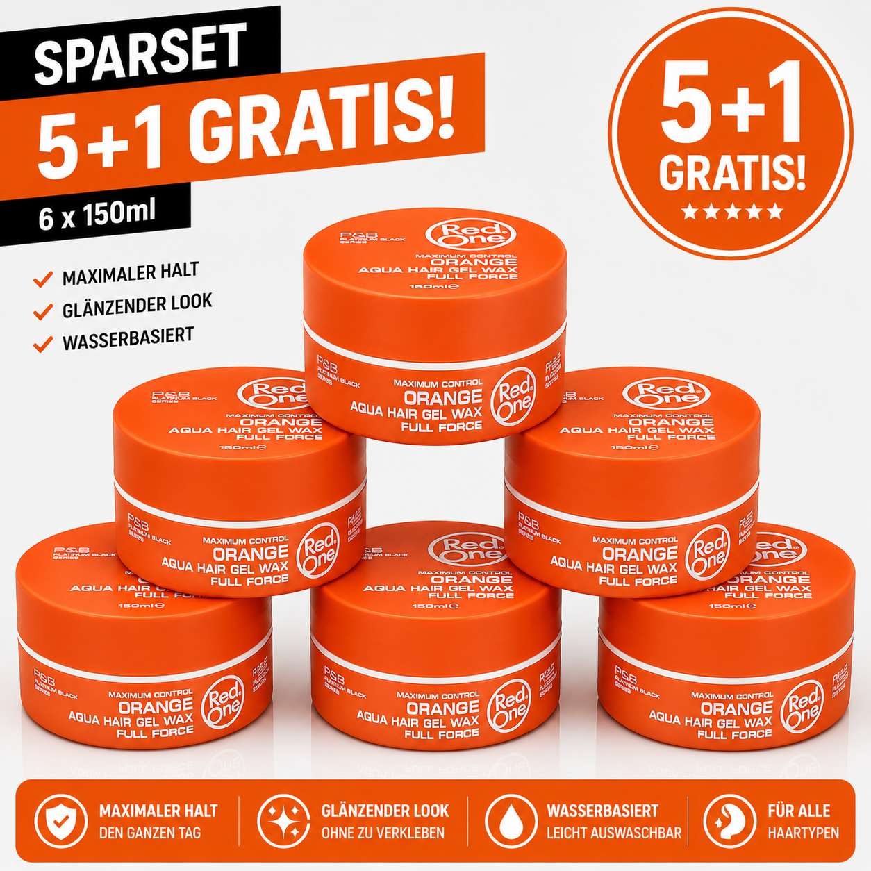 Red One Orange Aqua Gel Wax 6er Pack – 6 Stück je 150ml Aqua Hair Gel Wax Vorratspack für starken Halt, Wet Look, Glanz, Barber Style, Herren Frisur, kurze Haare, Friseurbedarf & Alltag