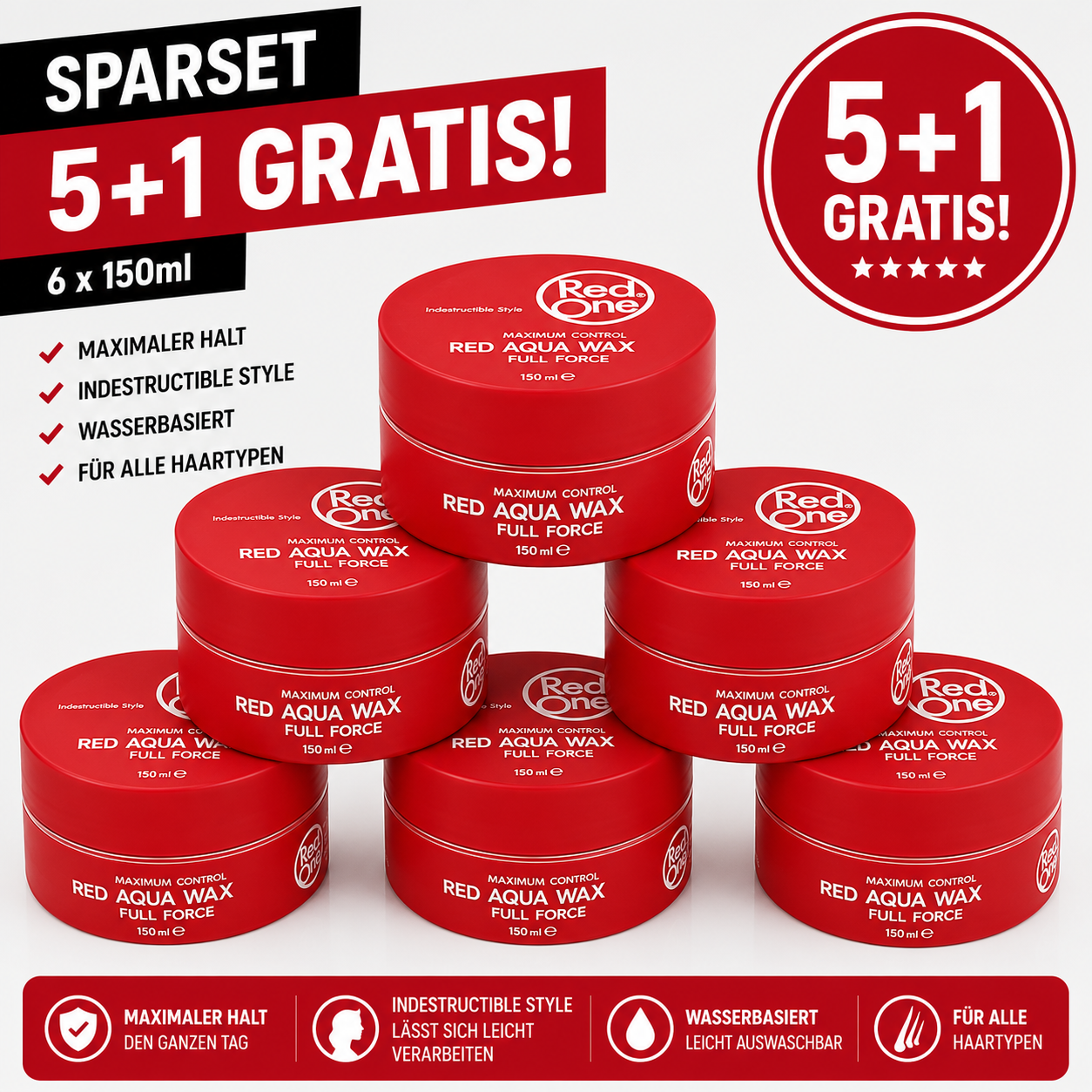 Red One Red Hair Wax 6er Pack – 6 Stück je 150ml Aqua Hair Gel Wax Vorratspack für starken Halt, Wet Look, Glanz, Barber Style, Herren Frisur, kurze Haare, Friseurbedarf & Alltag