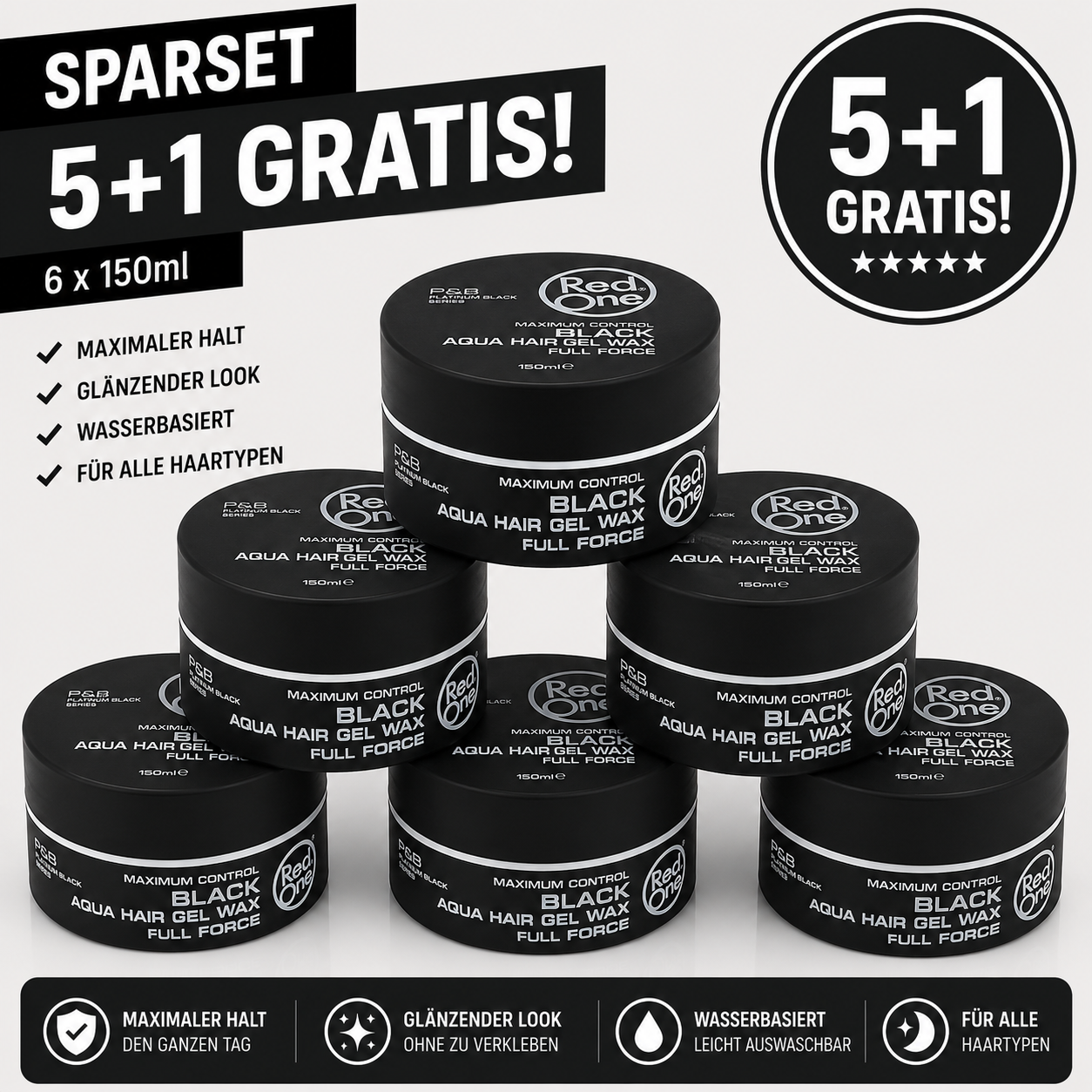 Red One Black Aqua Hair Gel Wax 6er Pack – 6 Stück je 150ml Aqua Hair Gel Wax Vorratspack für starken Halt, Wet Look, Glanz, Barber Style, Herren Frisur, kurze Haare, Friseurbedarf & Alltag