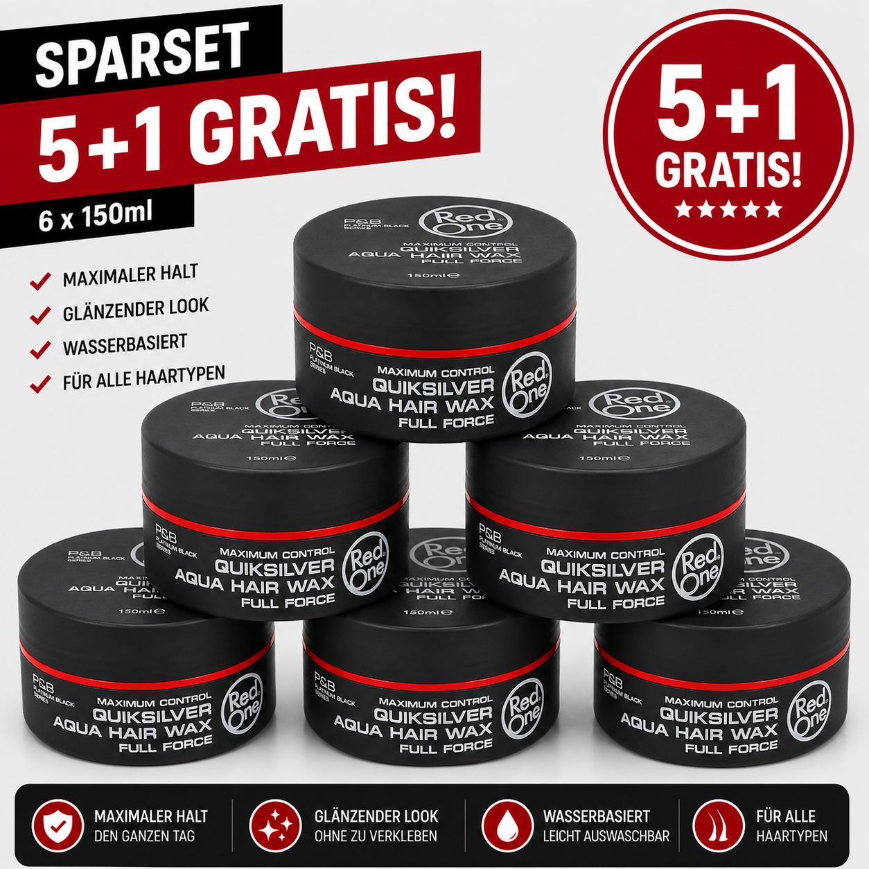 Red One Quicksilver Aqua Gel Wax 6er Pack – 6 Stück je 150ml Aqua Hair Gel Wax Vorratspack für starken Halt, Wet Look, Glanz, Barber Style, Herren Frisur, kurze Haare, Friseurbedarf & Alltag