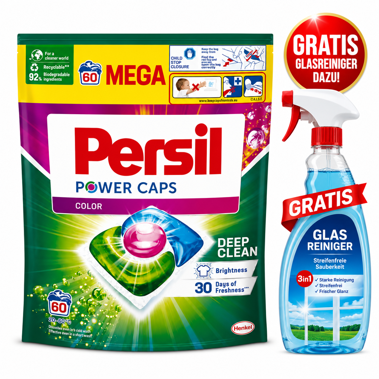 Persil A60 Power Color Capsules 60 Waschladungen + Glasreiniger GRATIS – Persil Waschmittel Caps für Waschmaschine, saubere Wäsche, Fleckenentfernung, Tiefenreinheit, frischen Duft, Color & Universal Wäsche, Vorratspack, Haushalt & Alltag