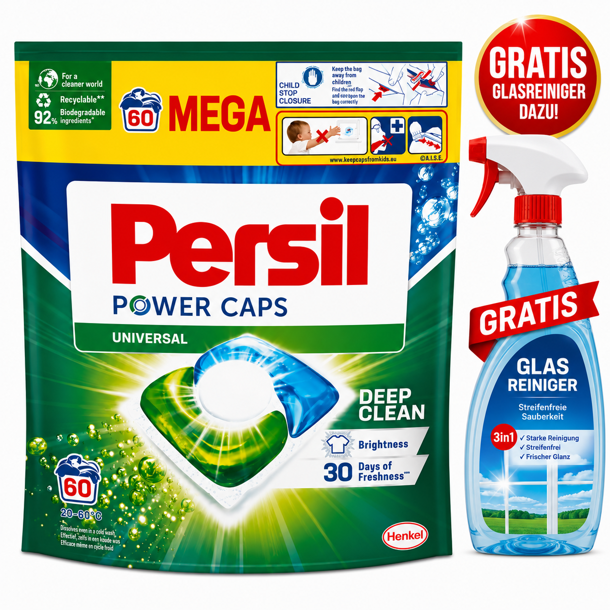 Persil A60 Power Universal Capsules 60 Waschladungen + Glasreiniger GRATIS – Persil Waschmittel Caps für Waschmaschine, saubere Wäsche, Fleckenentfernung, Tiefenreinheit, frischen Duft, Color & Universal Wäsche, Vorratspack, Haushalt & Alltag