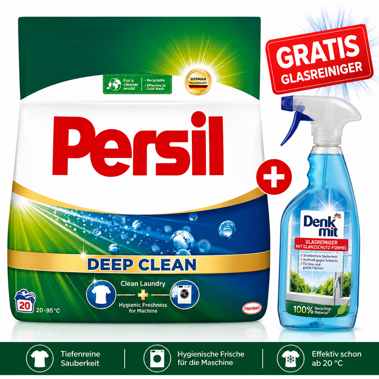 Persil Deep Clean Regular Waschpulver 1,1kg + Glasreiniger GRATIS – Persil Deep Clean Waschpulver für Waschmaschine, saubere Wäsche, Fleckenentfernung, Tiefenreinheit, frischen Duft, Color & Universal, Haushalt & Vorrat