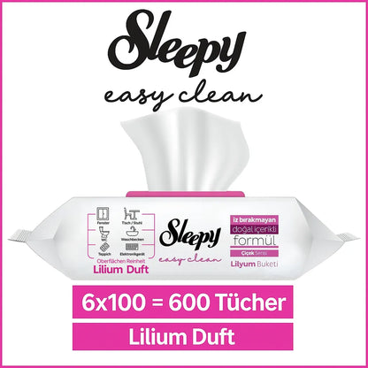 Sleepy Reinigungstücher Rosa – Lilienbouquet-Duft – 6x100 Tücher (600 Blatt) – Feuchte Oberflächenreinigungstücher für den täglichen Einsatz in Haushalt, Küche & Bad
