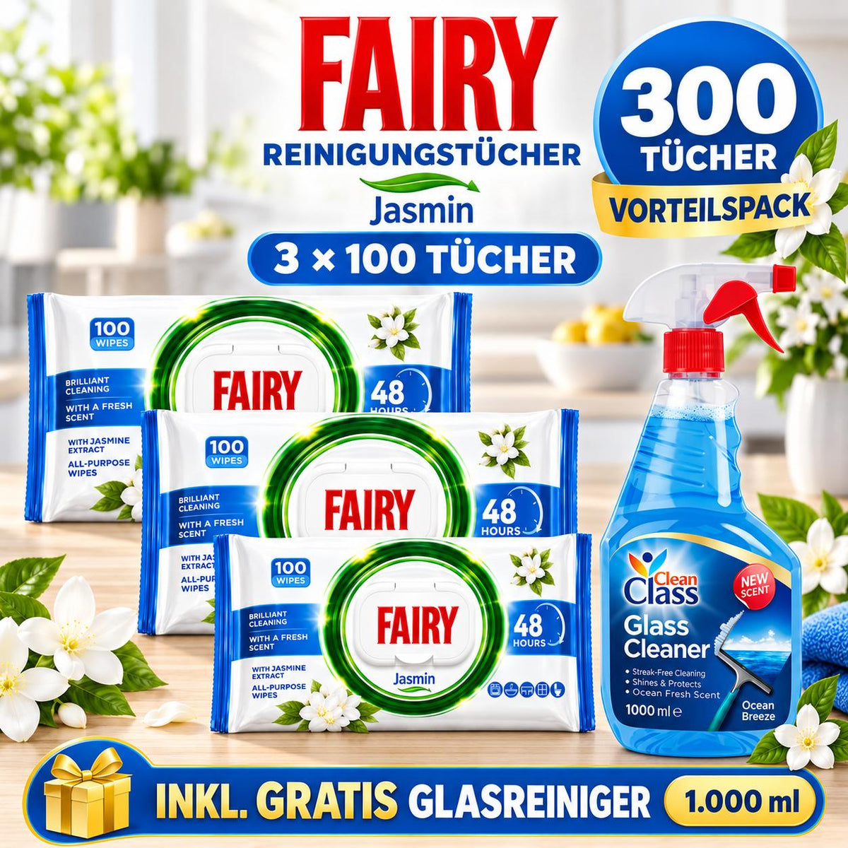 FAIRY Oberflächen-Reinigungstücher Jasmin – 3er Set, 3 x 100 Tücher + 1 Gratis-Glasreiniger