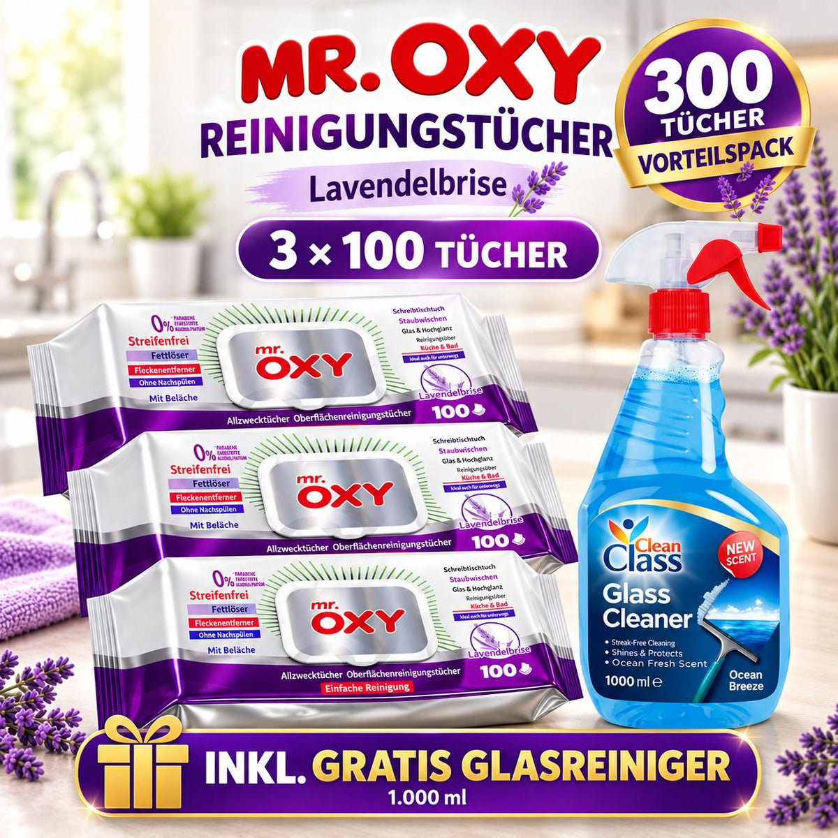 Mr Oxy Oberflächen-Reinigungstücher Lavendelbrise – 3er Set, 3 x 100 Tücher + 1 Gratis-Glasreiniger