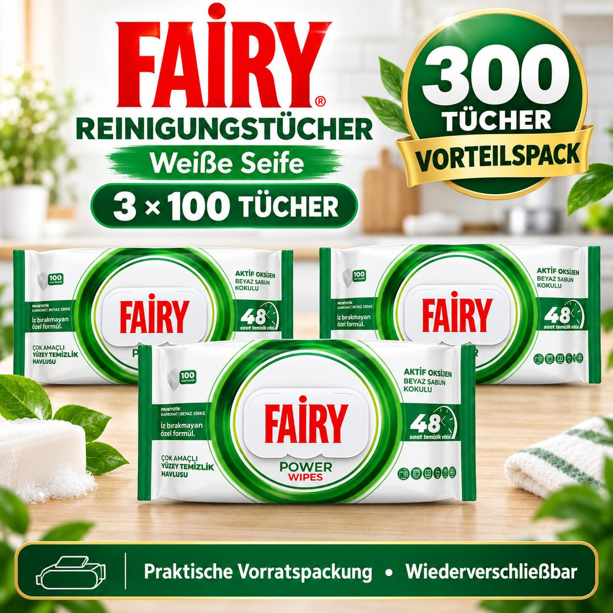 FAIRY Oberflächen-Reinigungstücher Power – 3er Set, 3 x 100 Tücher