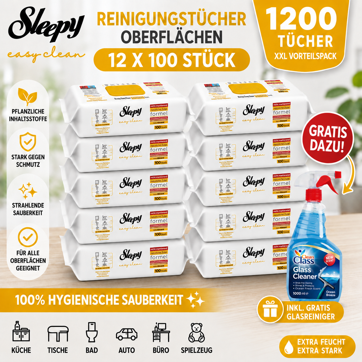 Sleepy Easy Clean Oberflächenreinigungstücher – 12x100 Gelb + Glasreiniger GRATIS
