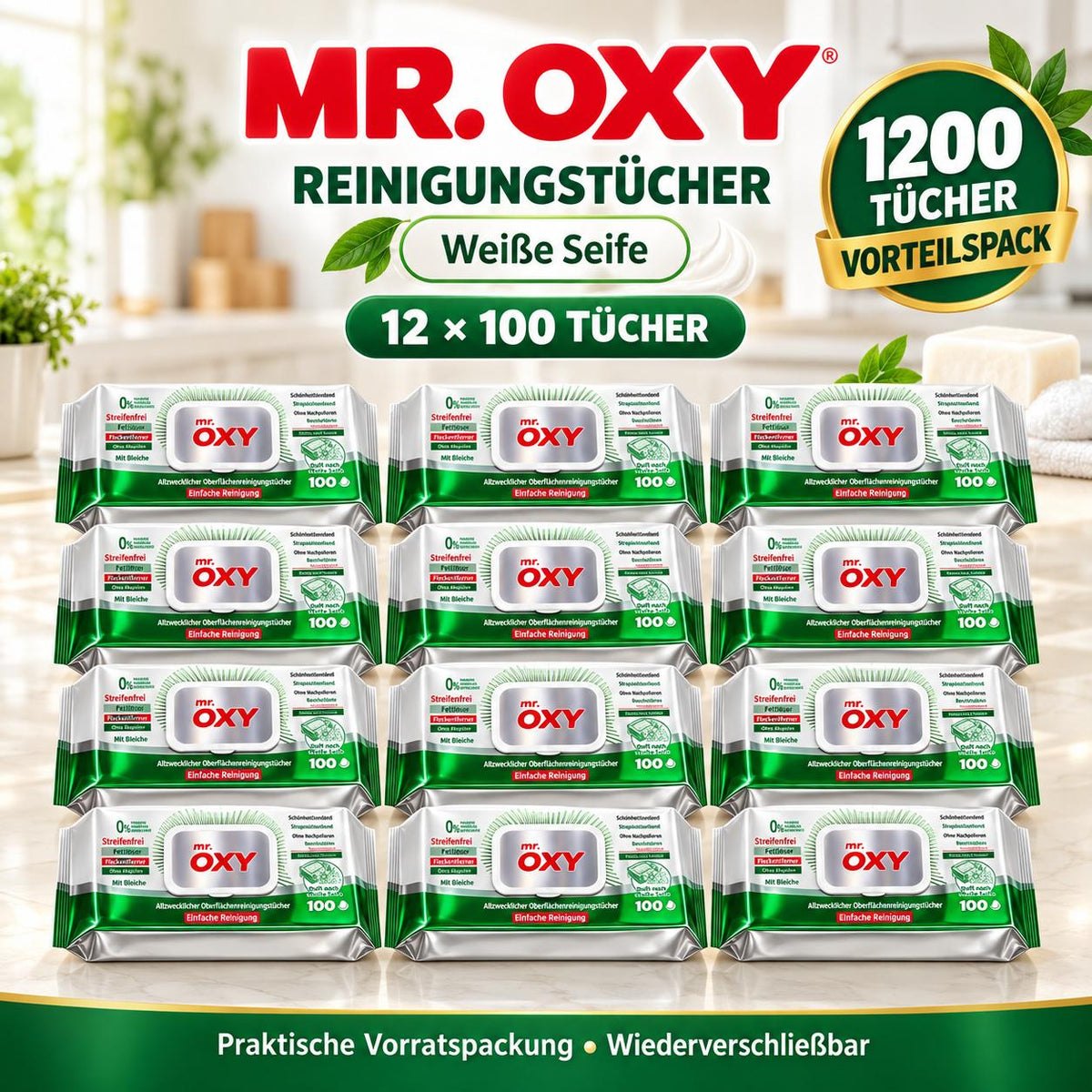 Mr Oxy Oberflächen-Reinigungstücher Maxima Beyaz Sirke & Karbonat – 12er Set, 12 x 100 Tücher