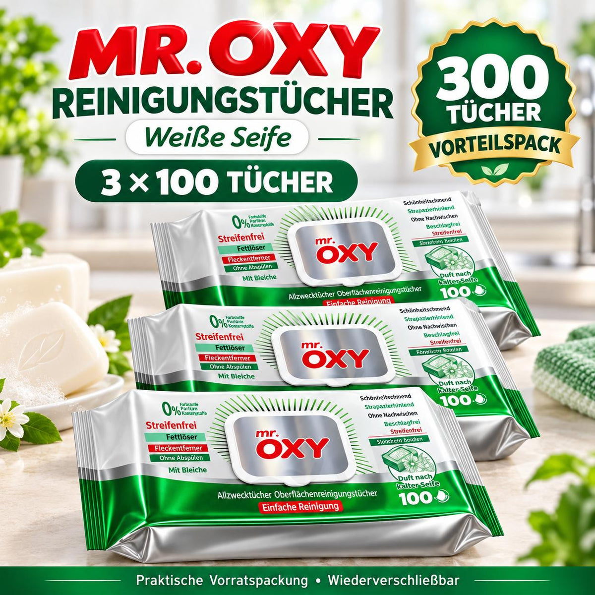 Mr Oxy Oberflächen-Reinigungstücher Maxima Beyaz Sirke & Karbonat – 3er Set, 3 x 100 Tücher