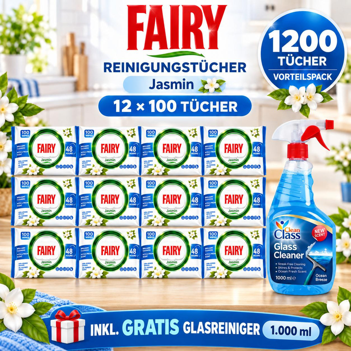 FAIRY Oberflächen-Reinigungstücher Jasmin – 12er Set, 12 x 100 Tücher + 1 Gratis-Glasreiniger