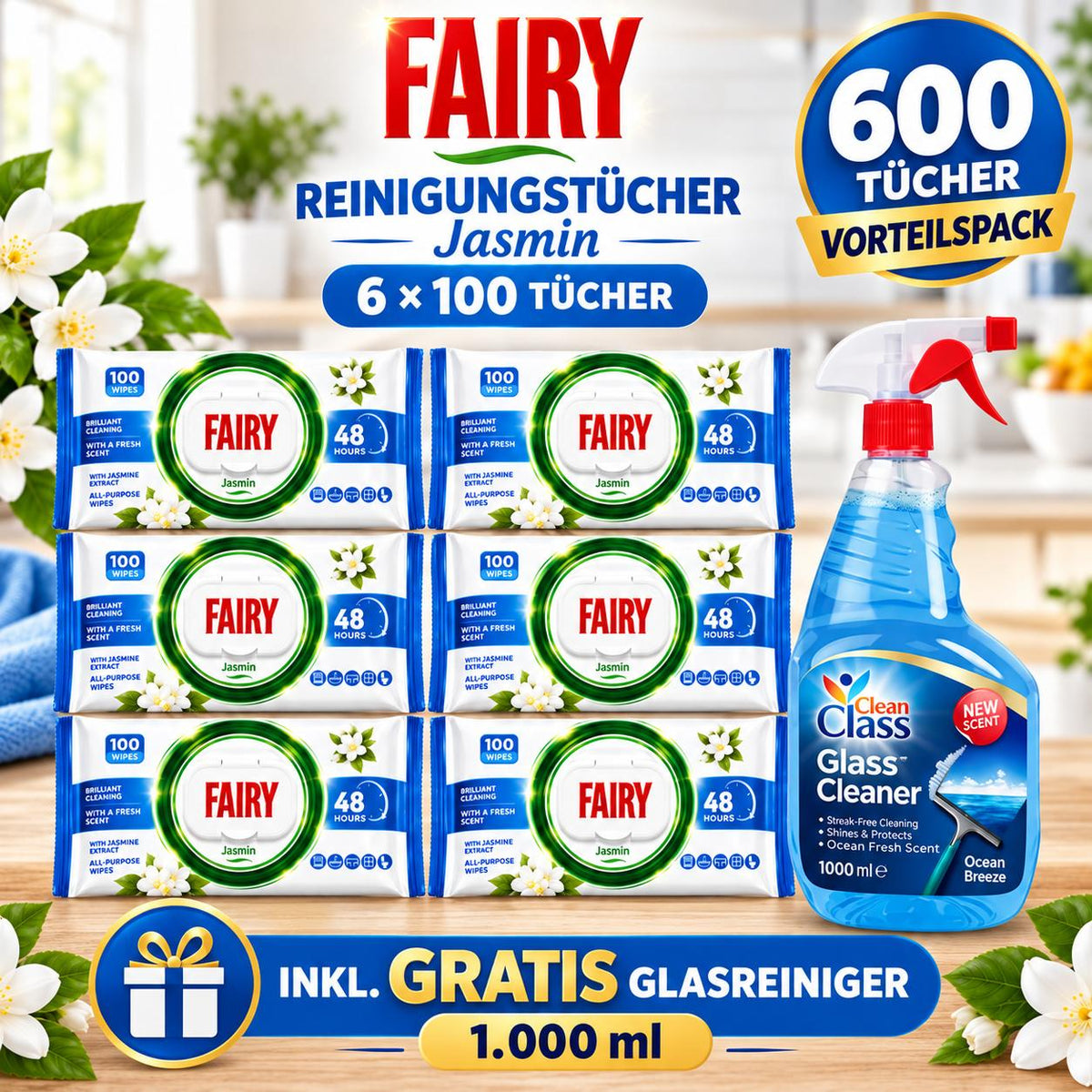 FAIRY Oberflächen-Reinigungstücher Jasmin – 6er Set, 6 x 100 Tücher + 1 Gratis-Glasreiniger