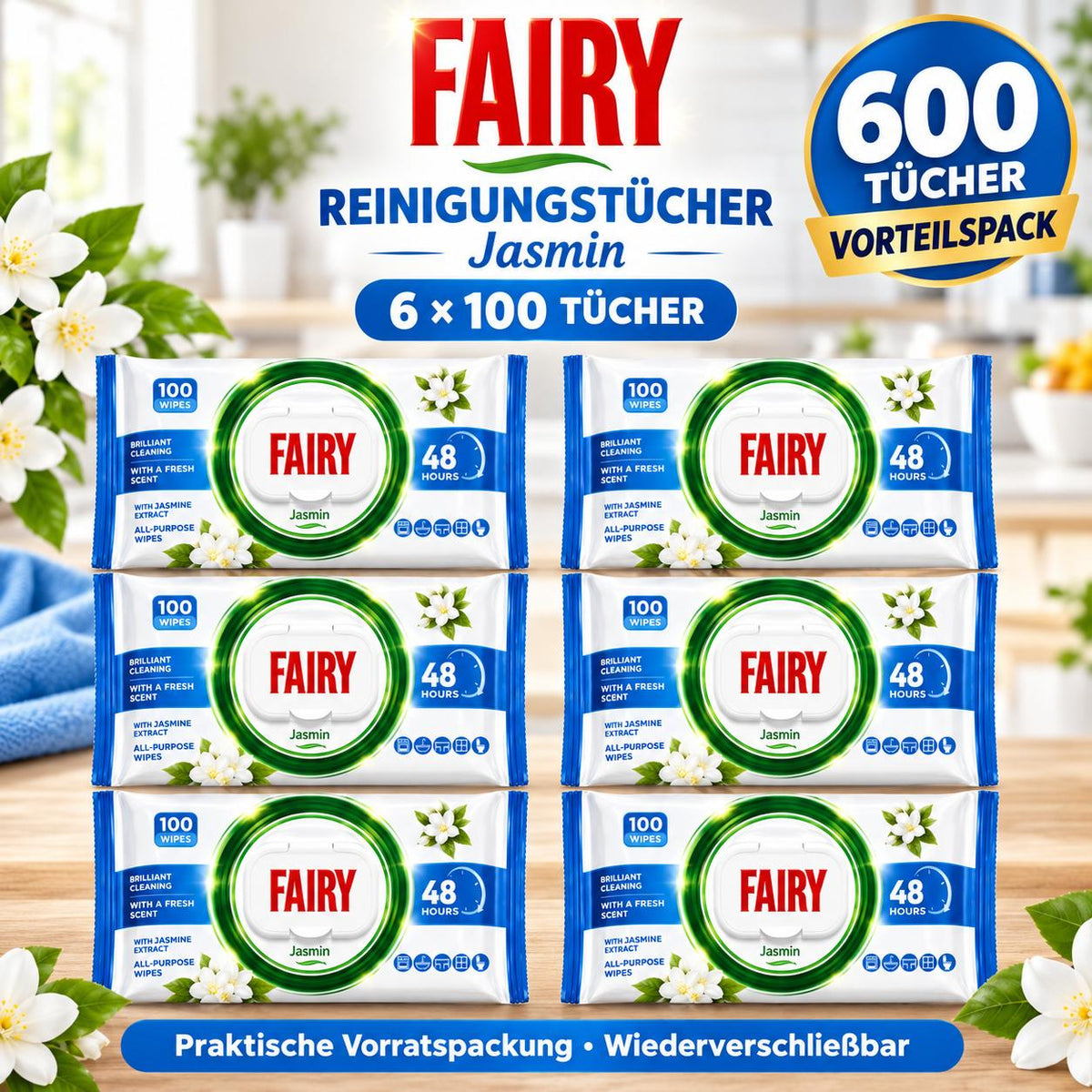 FAIRY Oberflächen-Reinigungstücher Jasmin – 6er Set, 6 x 100 Tücher