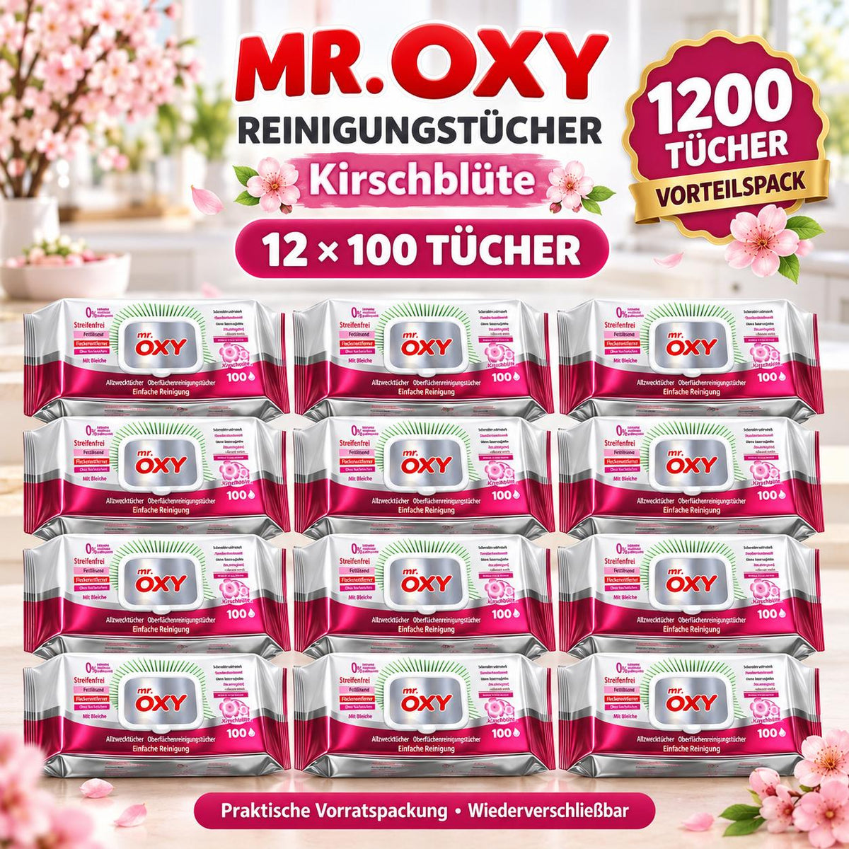 Mr Oxy Oberflächen-Reinigungstücher Kirschblüte – 12er Set, 12 x 100 Tücher