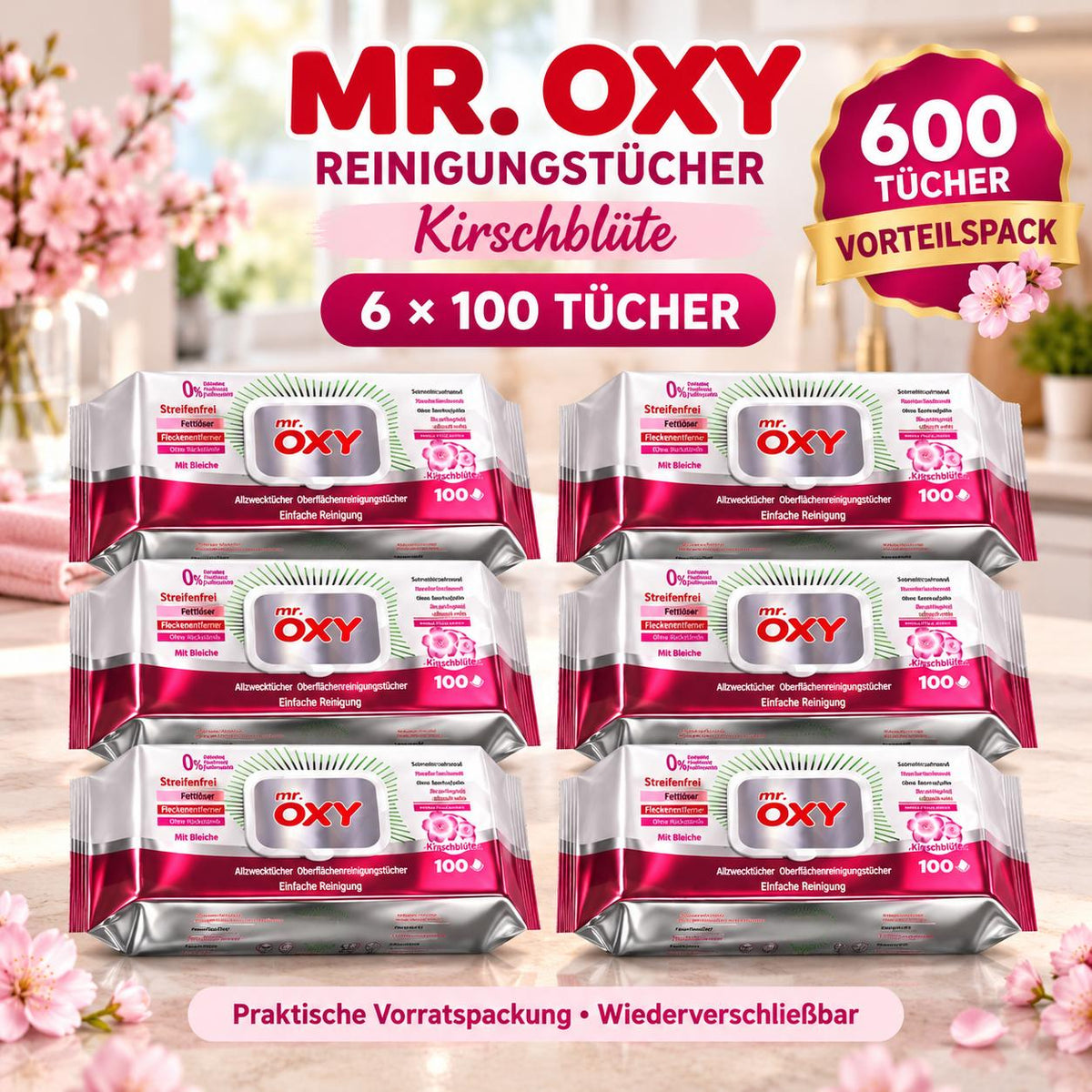 Mr Oxy Oberflächen-Reinigungstücher Kirschblüte – 6er Set, 6 x 100 Tücher